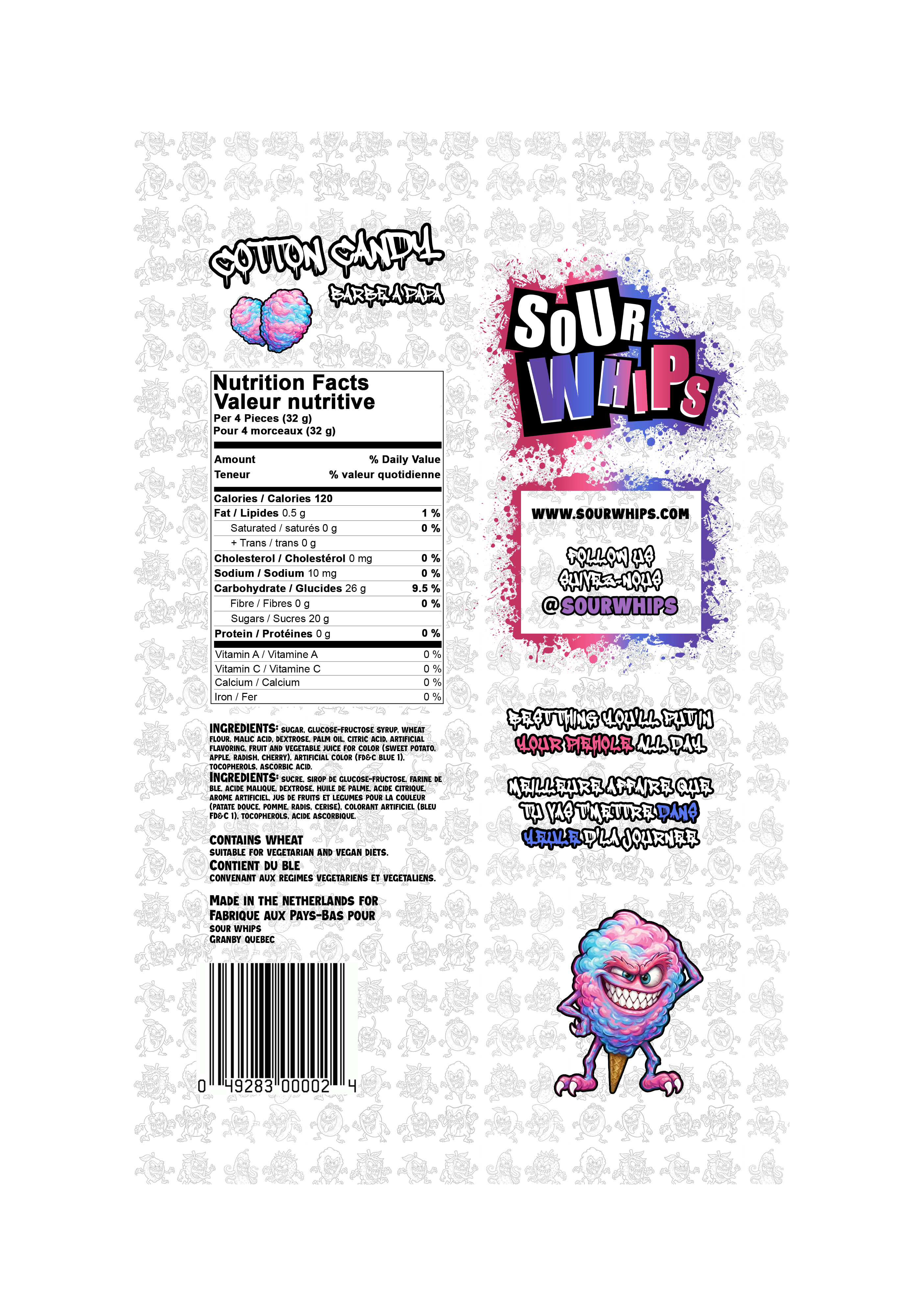 SOUR WHIPS Cotton Candy Candy Bag 96g