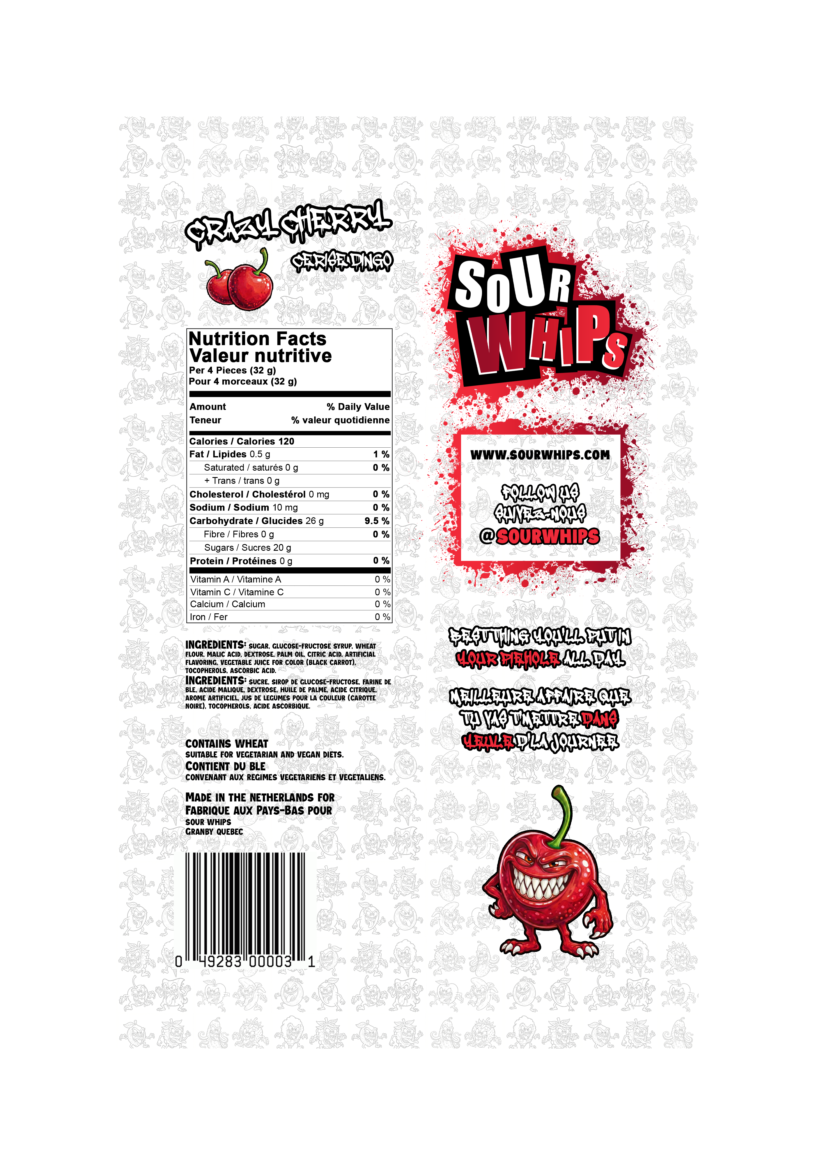SOUR WHIPS Crazy Cherry Candy Bag 96g
