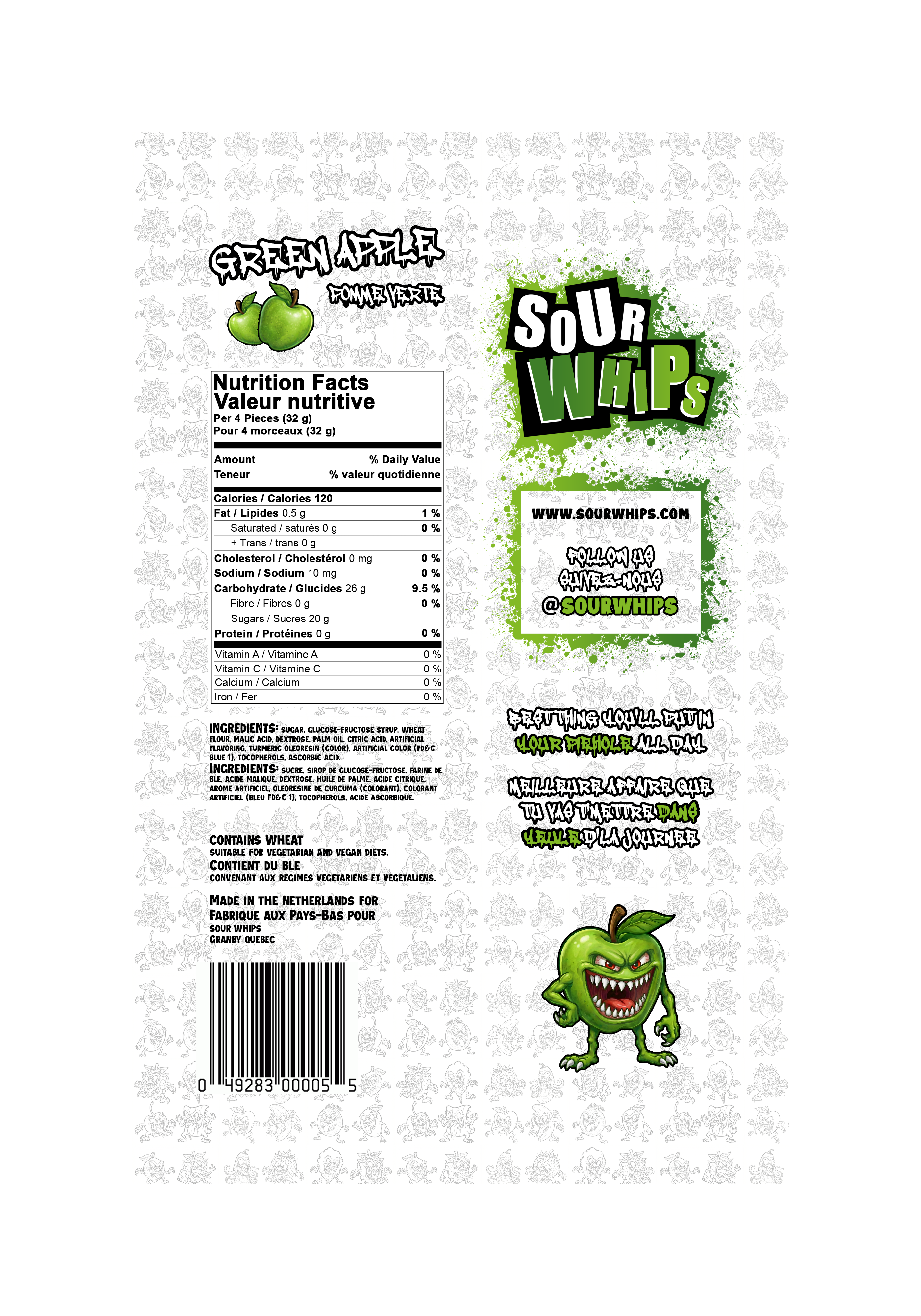 SOUR WHIPS Green Apple Candy Bag 96g