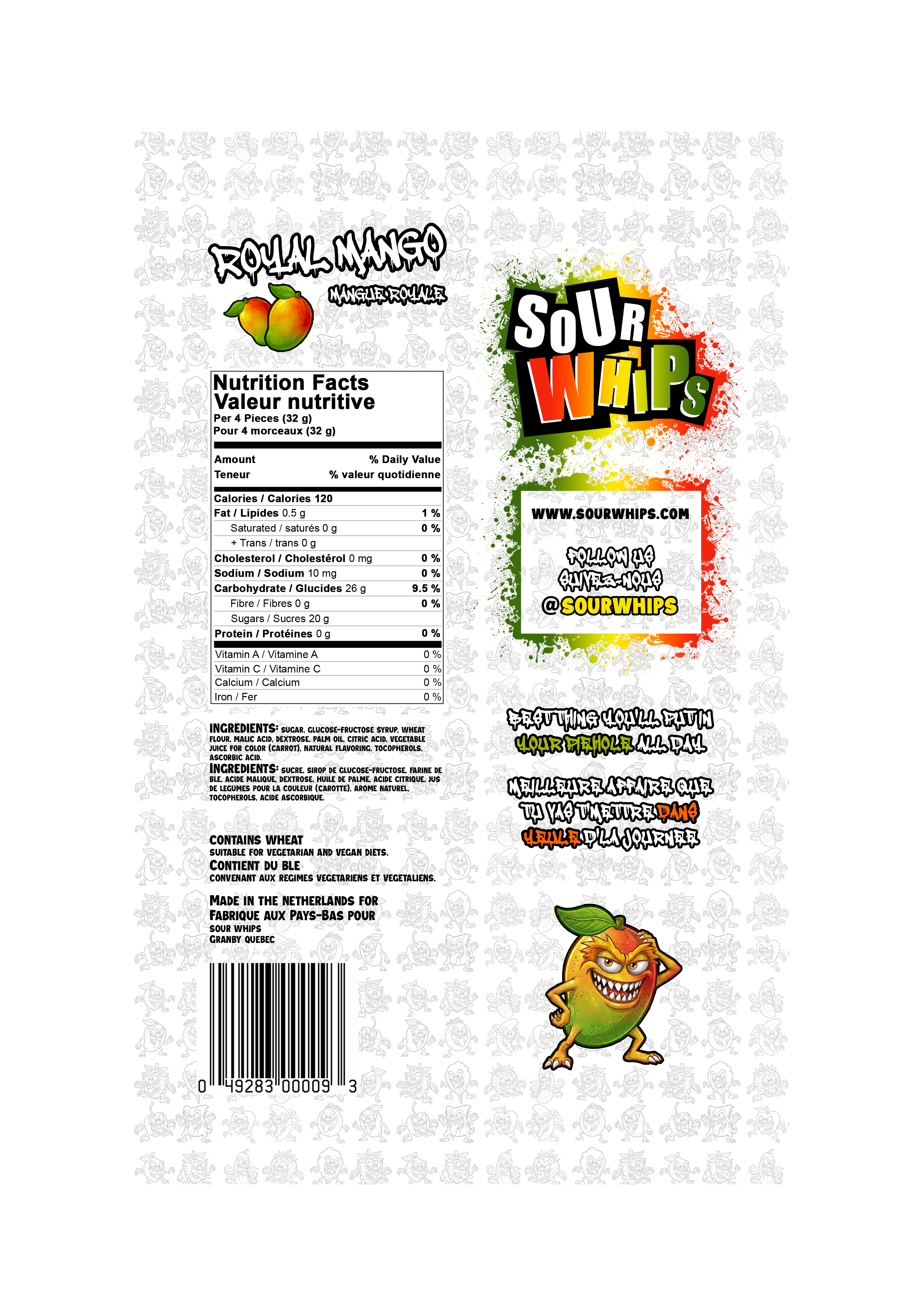 SOUR WHIPS Royal Mango Candy Bag 96g