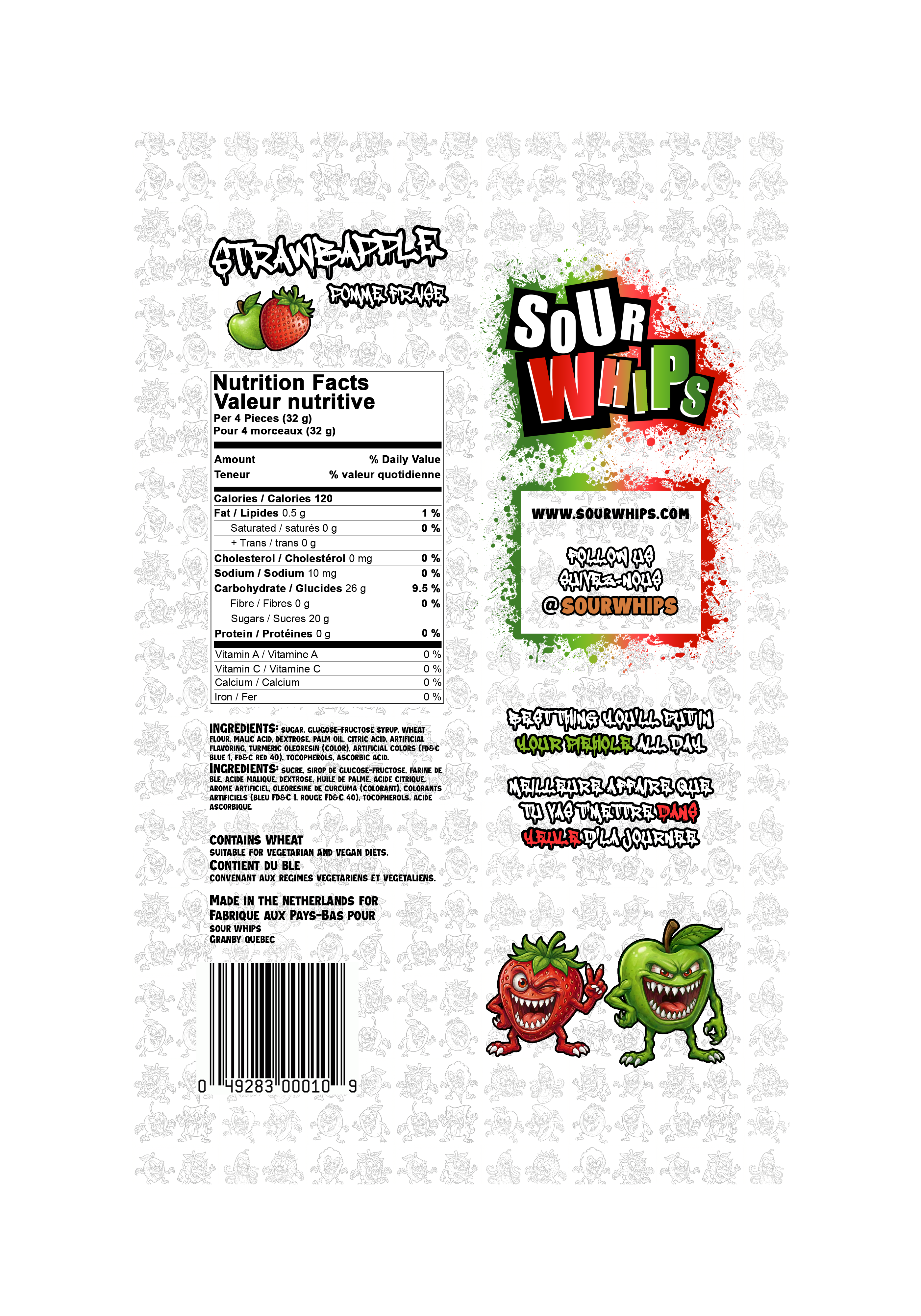 SOUR WHIPS StrawbApple Candy Bag 96g