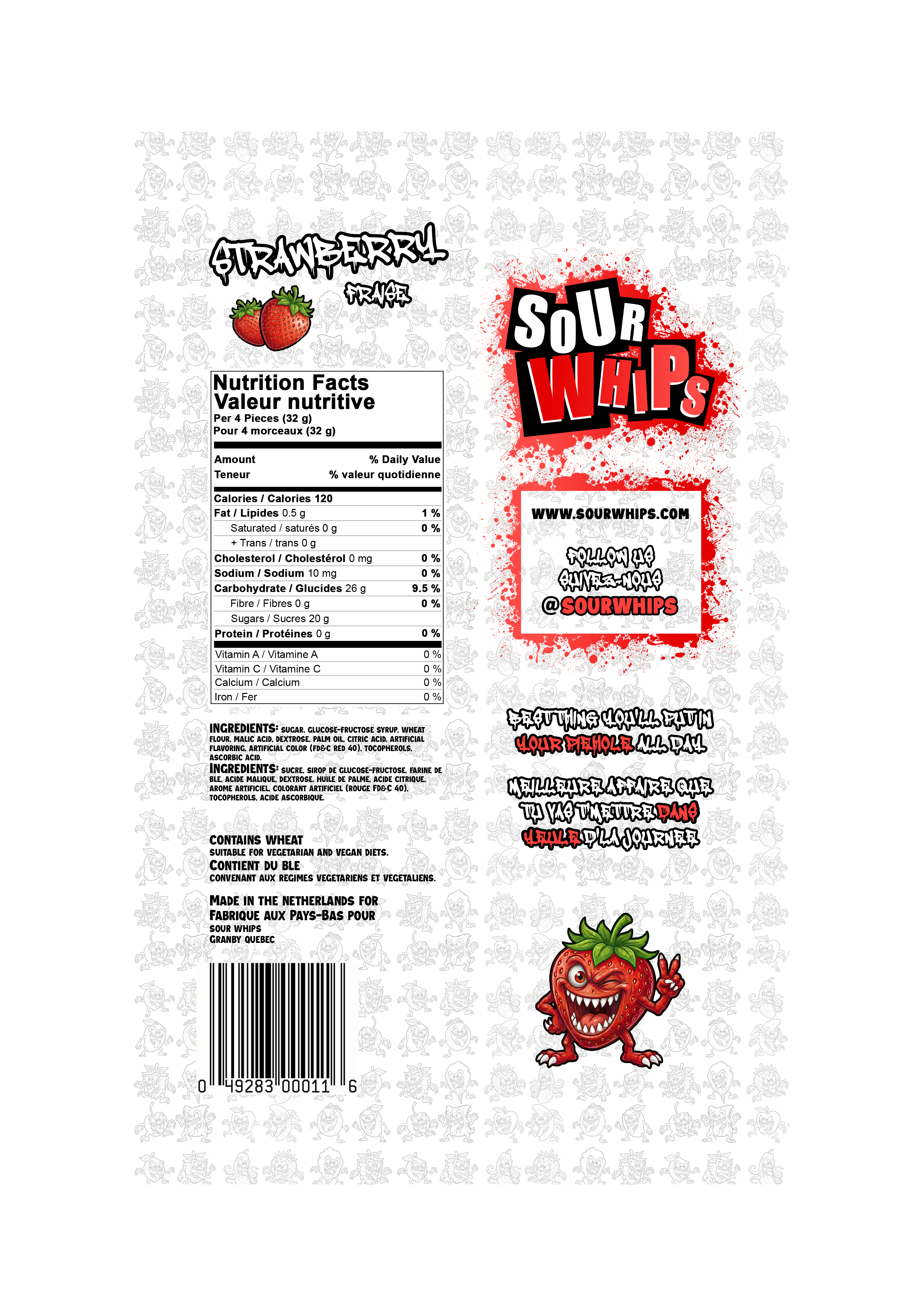 SOUR WHIPS Strawberry Candy Bag 96g