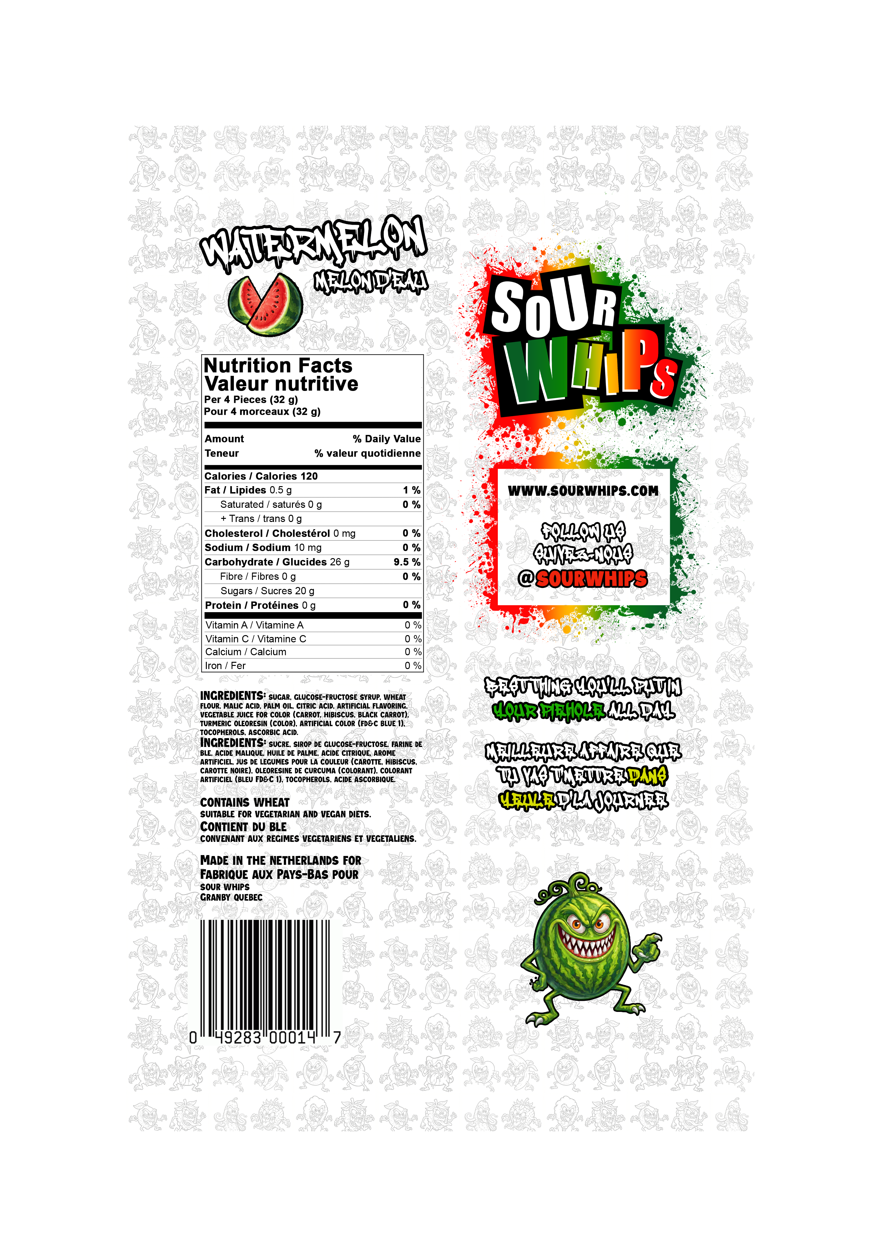 SOUR WHIPS Watermelon Candy Bag 96g