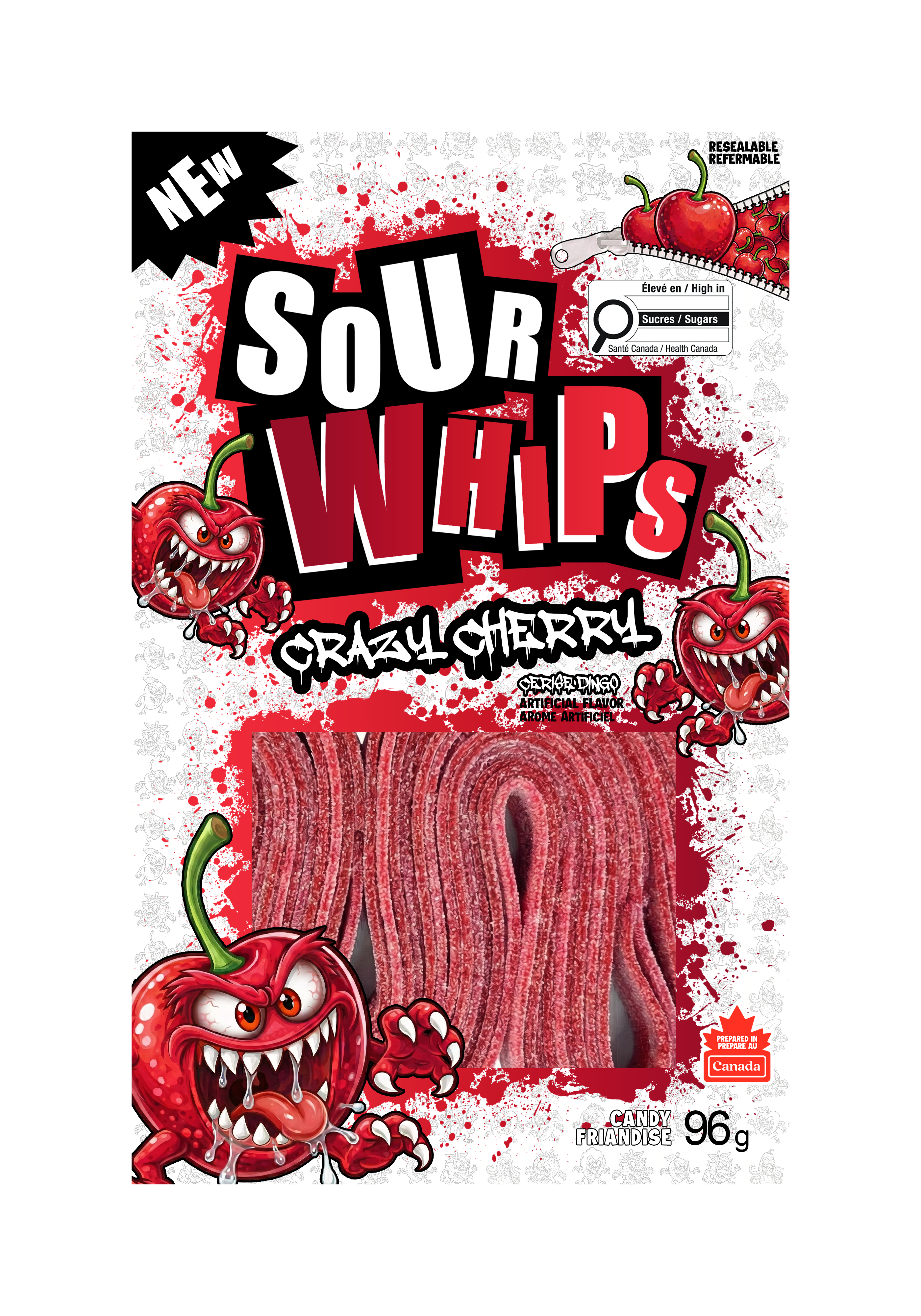 SOUR WHIPS Crazy Cherry Candy Bag 96g