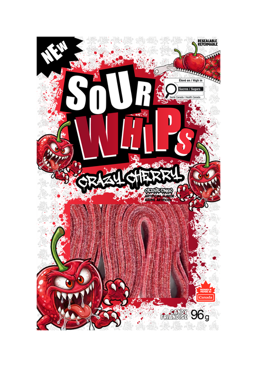 SOUR WHIPS Crazy Cherry Candy Bag 96g