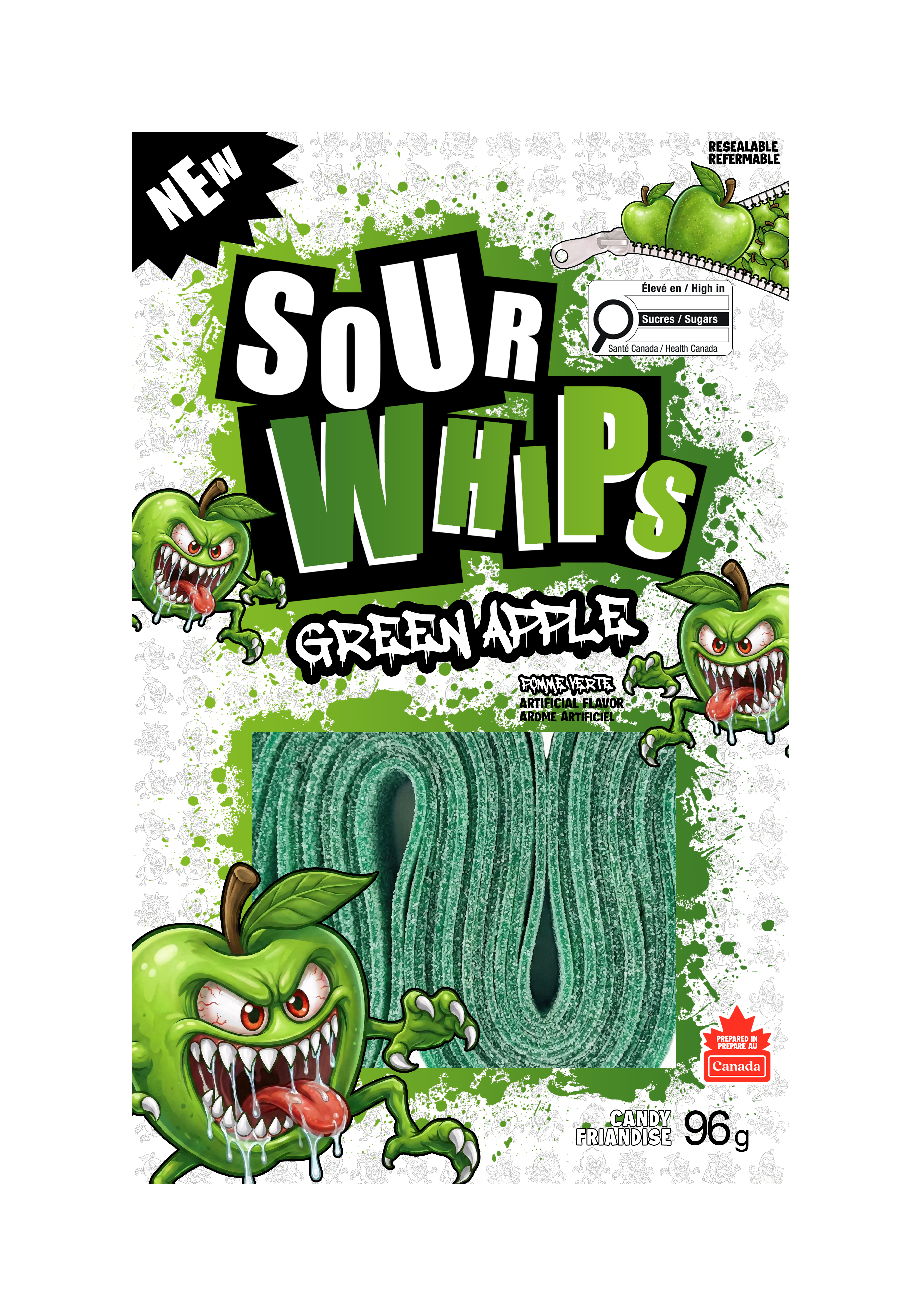 SOUR WHIPS Green Apple Candy Bag 96g