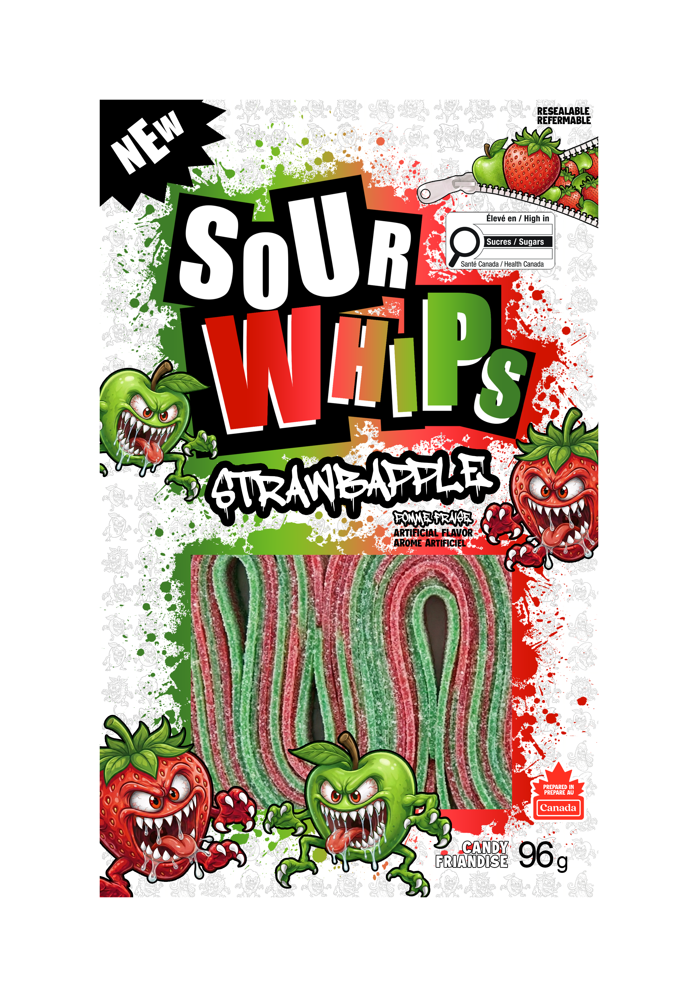SOUR WHIPS StrawbApple Candy Bag 96g