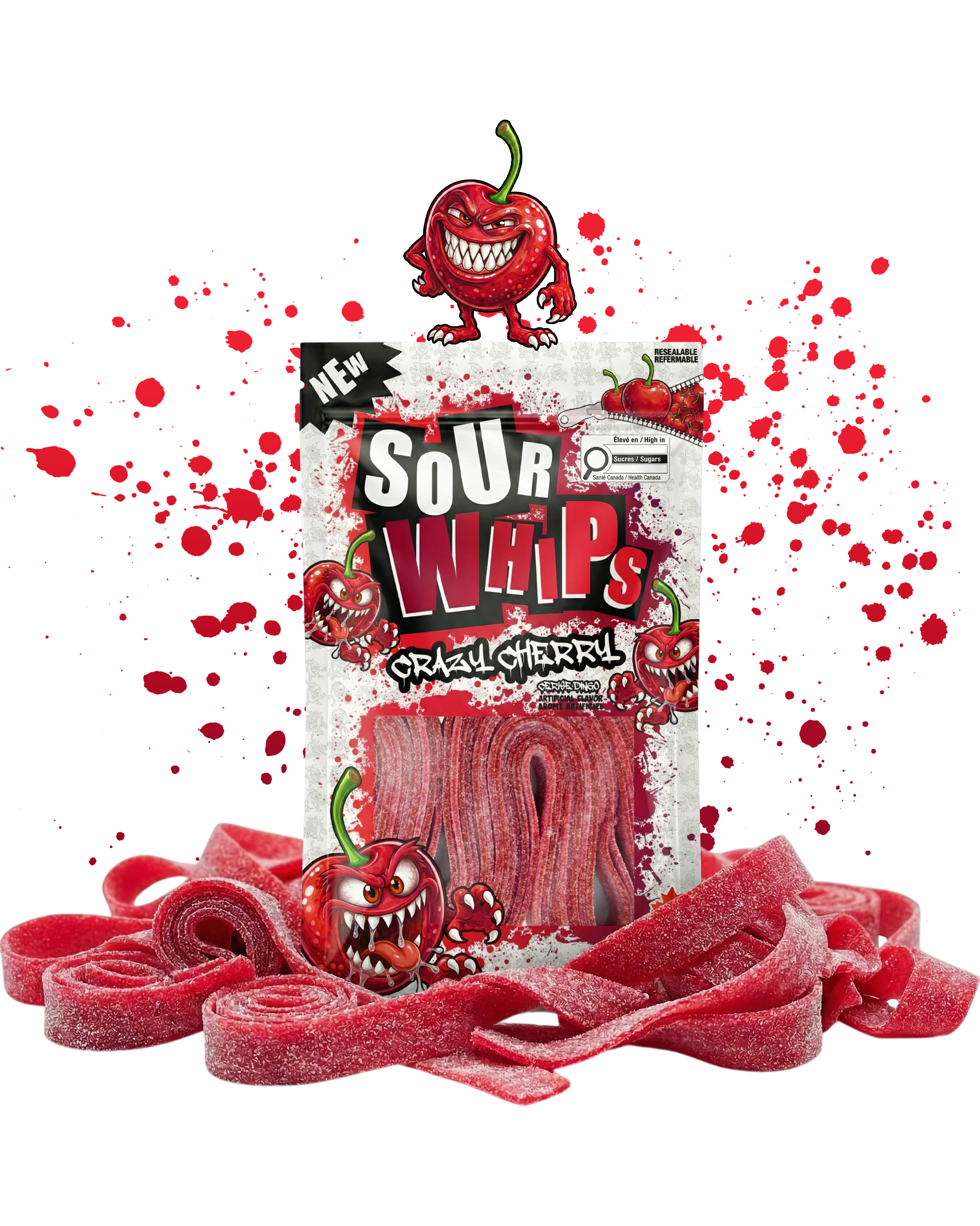 SOUR WHIPS Crazy Cherry Candy Bag 96g