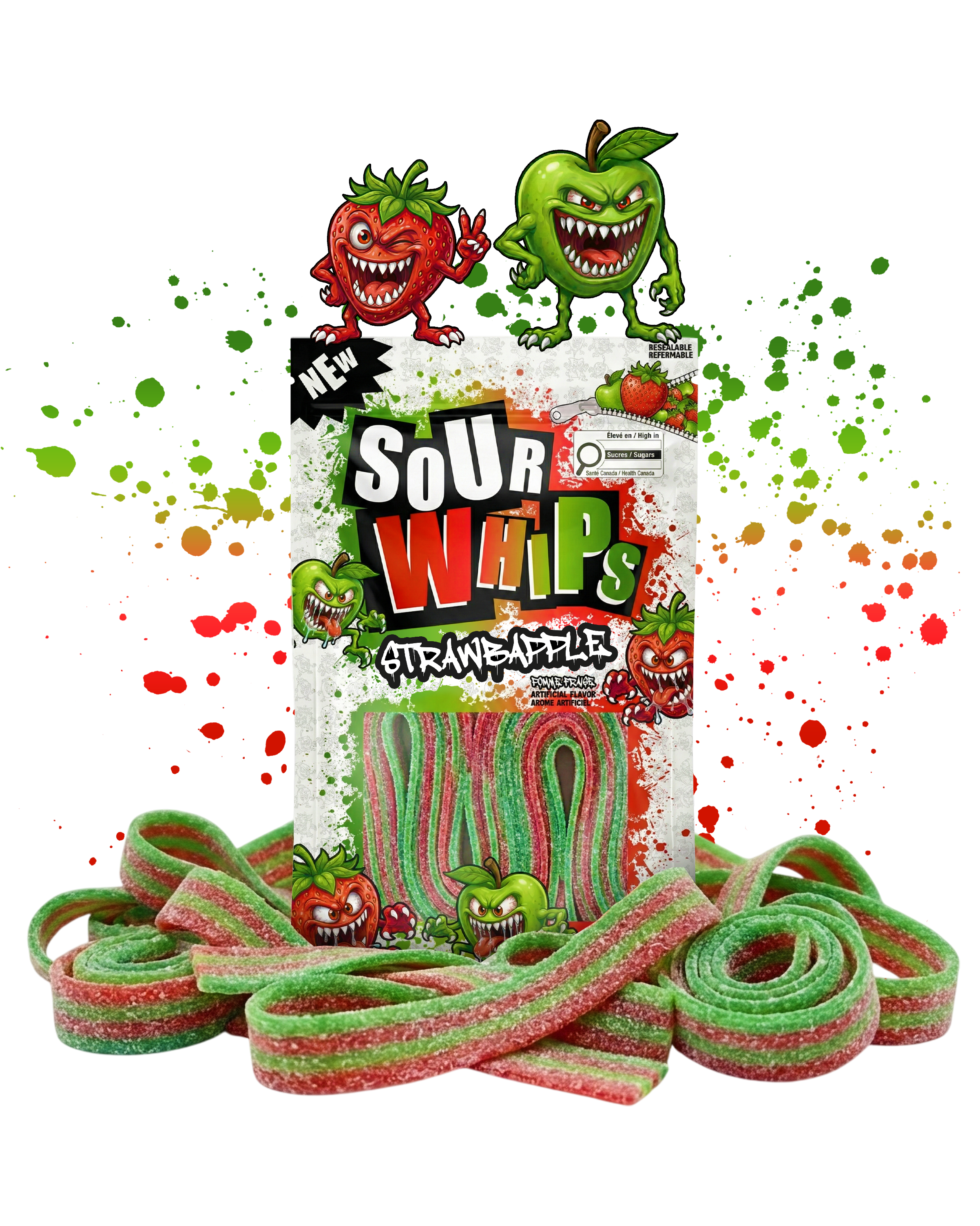 SOUR WHIPS StrawbApple Candy Bag 96g